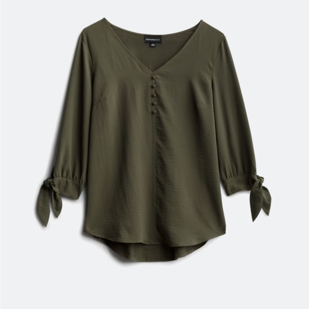 Olive Green V-Neck Blouse with Tie Sleeves